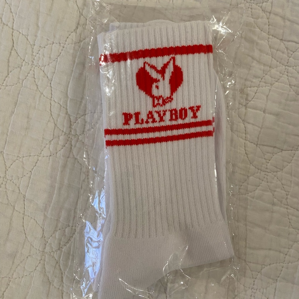 PLAYBOY White and Red Casual Socks with Bunny Logo